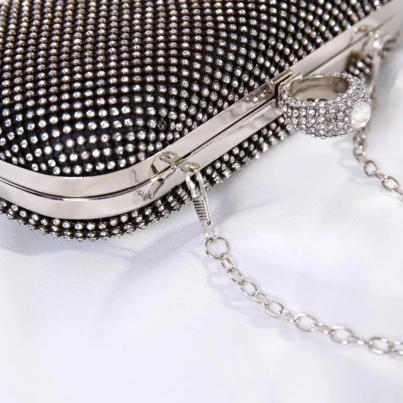 Black Gold Silver Metal Solid Color Rhinestone Oval Evening Bags