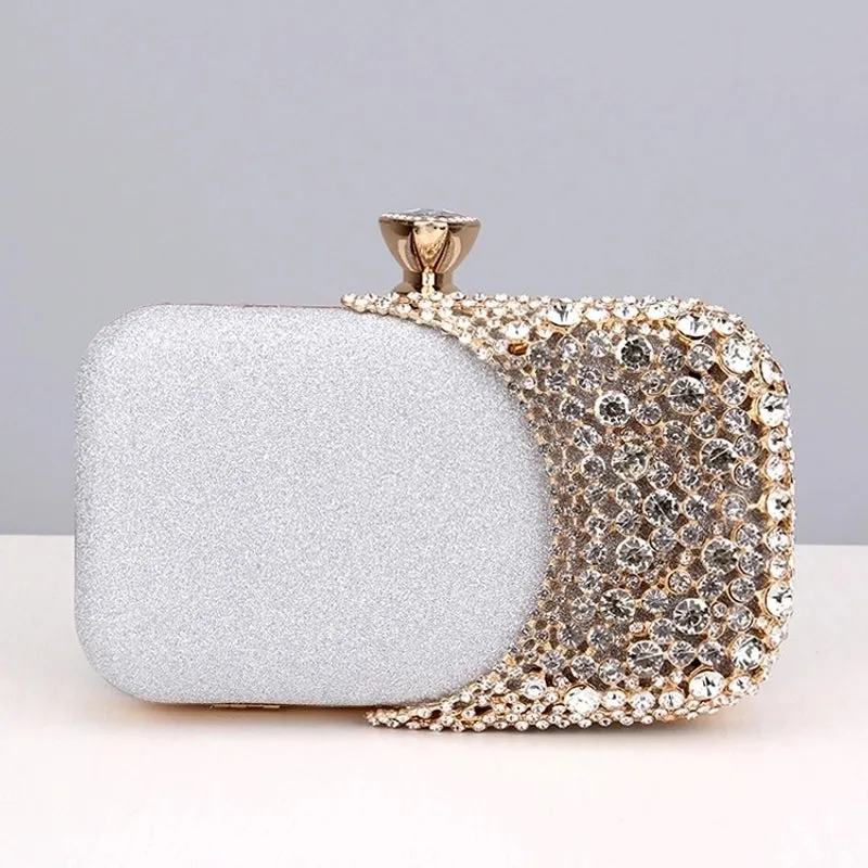 Black Gold Silver Pu Leather Color Block Rhinestone Square Evening Bags