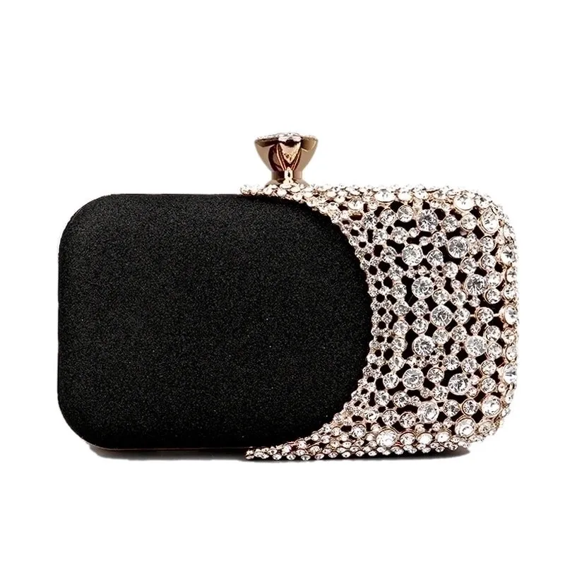 Black Gold Silver Pu Leather Color Block Rhinestone Square Evening Bags