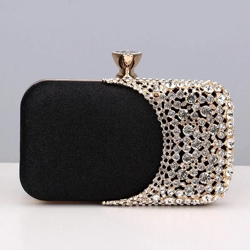 Black Gold Silver Pu Leather Color Block Rhinestone Square Evening Bags