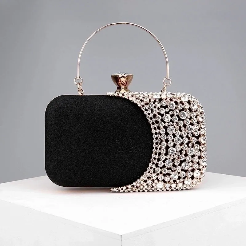 Black Gold Silver Pu Leather Color Block Rhinestone Square Evening Bags