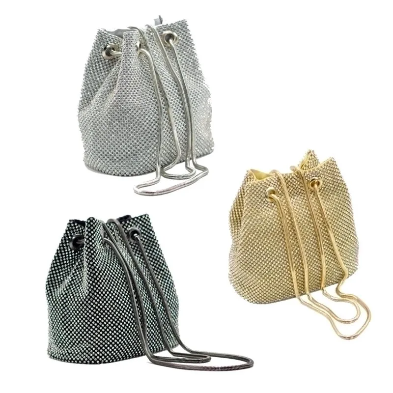 Black Gold Silver Rhinestone Satin Solid Color Rhinestone Bucket Evening Bags