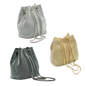 Black Gold Silver Rhinestone Satin Solid Color Rhinestone Bucket Evening Bags