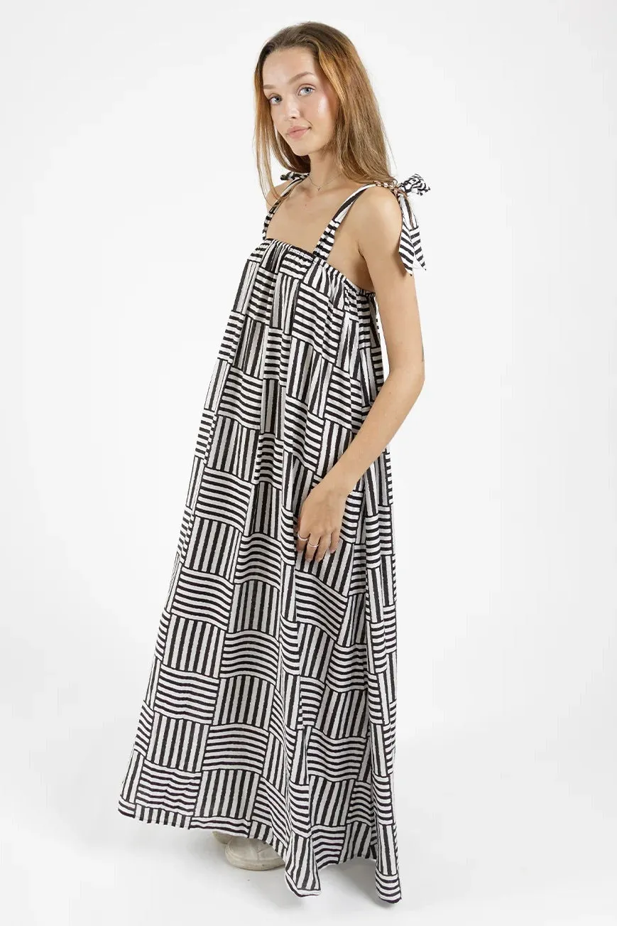 Bowie Black White Print Tie Shoulder Maxi Dress