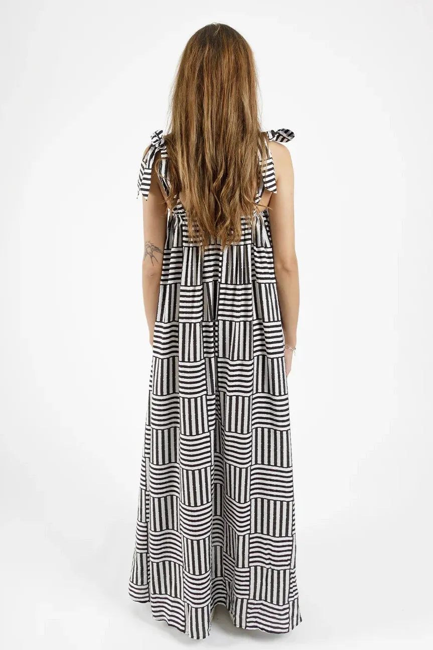 Bowie Black White Print Tie Shoulder Maxi Dress