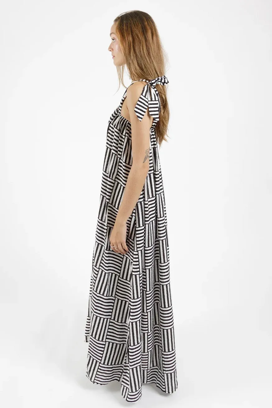 Bowie Black White Print Tie Shoulder Maxi Dress