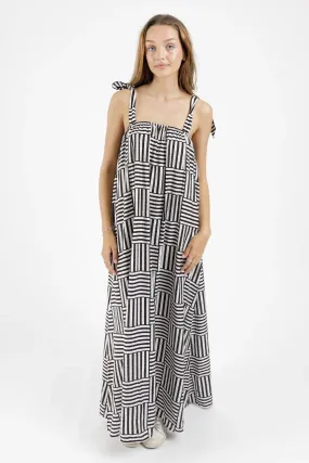 Bowie Black White Print Tie Shoulder Maxi Dress