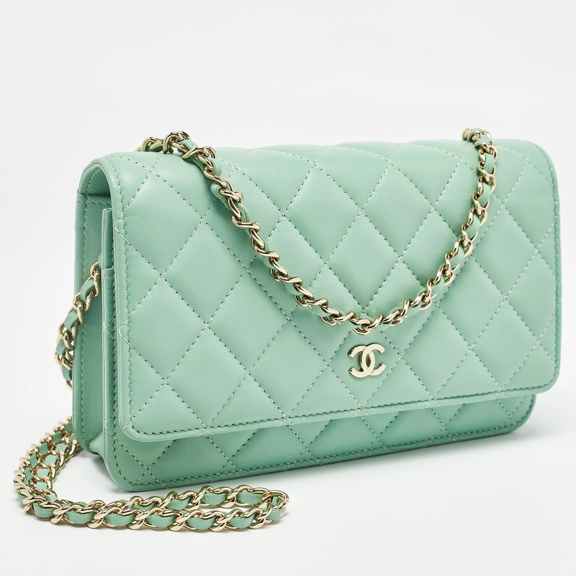 CHANEL Light Green Quilted Leather CC Wallet on Chain