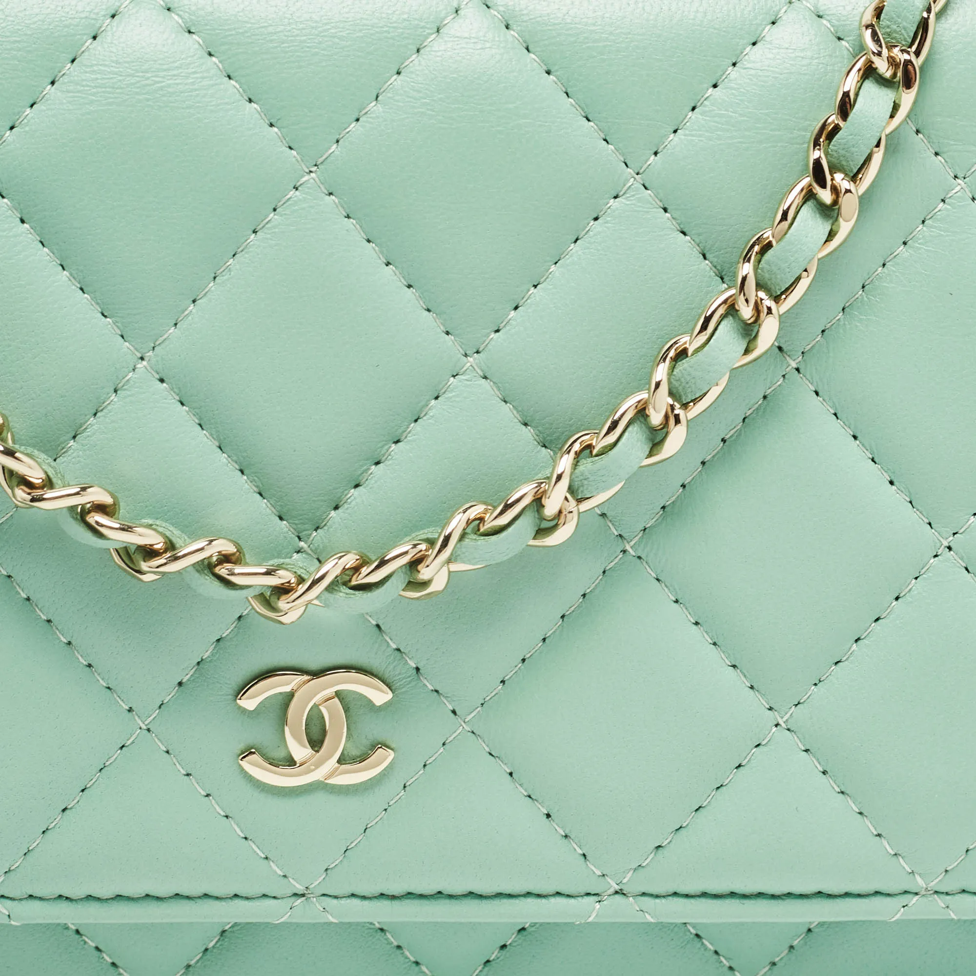 CHANEL Light Green Quilted Leather CC Wallet on Chain