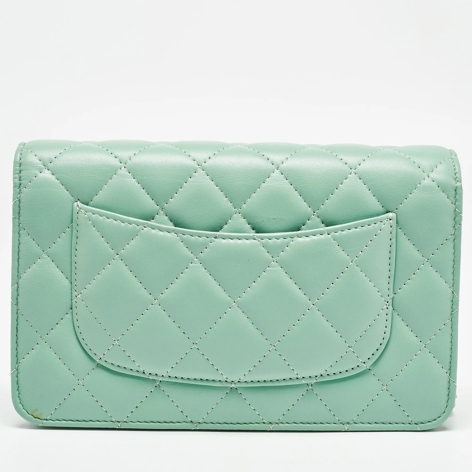 CHANEL Light Green Quilted Leather CC Wallet on Chain