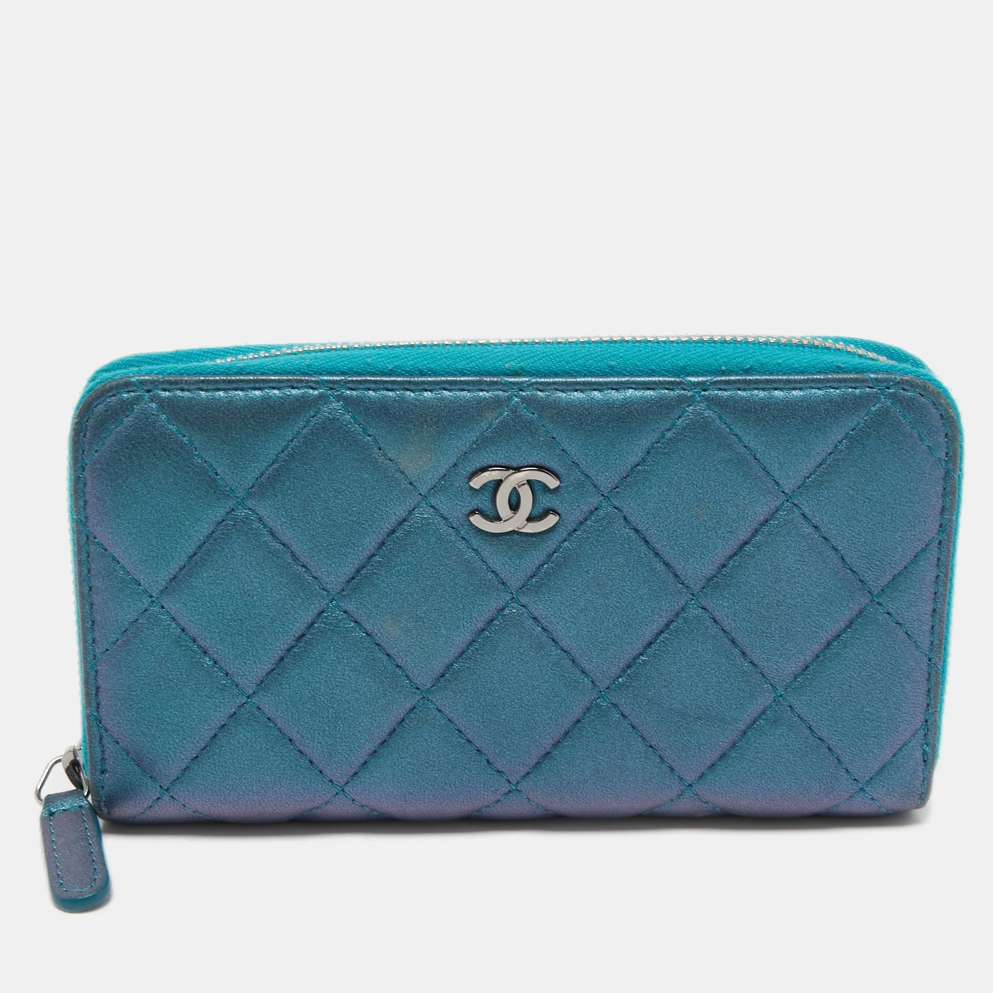 Chanel Metallic Blue Quilted Leather Classic Zip Wallet