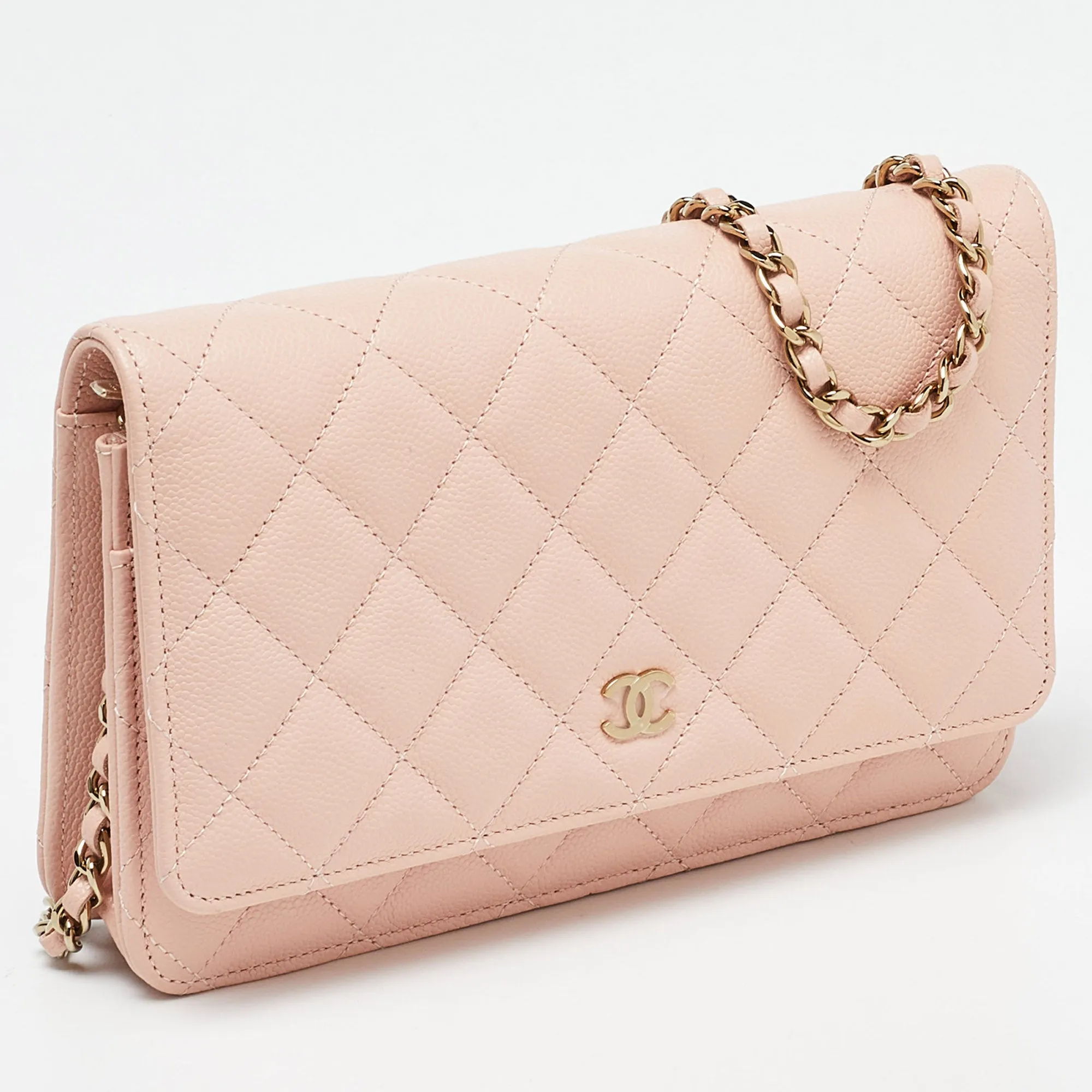 CHANEL Peach Quilted Caviar Leather CC Flap Wallet on Chain