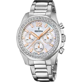 Festina Quartz Chrono 100M WR Mother of Pearl Dial Crystal Bezel Stainless Steel Case & Bracelet