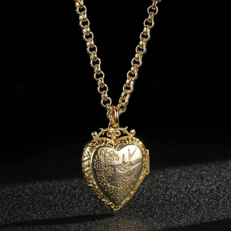 Gold Heart Locket with Birds and Flowers 22 Inch 4mm Belcher Chain