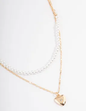 Gold Pearl Strand & Heart Layered Necklace