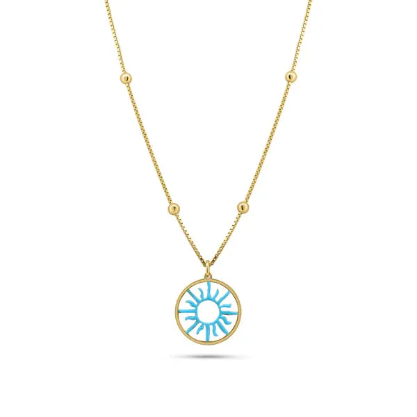 Gold Plated 925 Sterling Silver Turquoise Sun Charm Box Beaded Adjustable Necklace