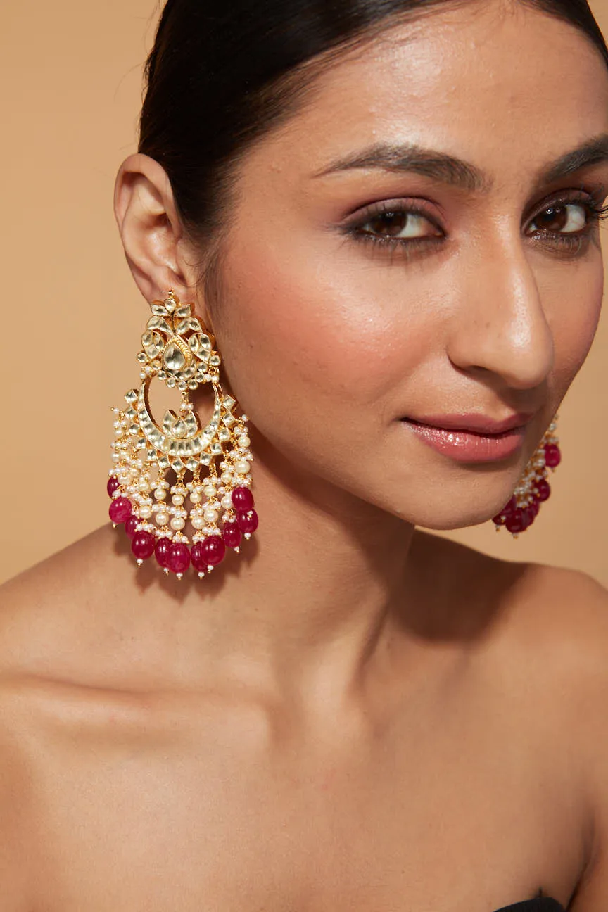 Gold Plated Kundan Studded Red Bead Drop Chaandbali Earrings