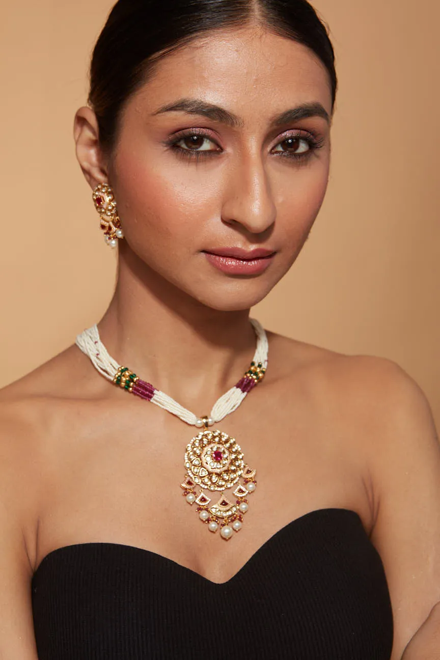 Gold Plated Kundan Studded With Beads Necklace & Earrings Set