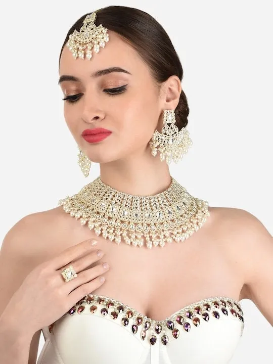 Gold Plated White Kundan Studded & Pearl Beaded Bridal Jewellery Set