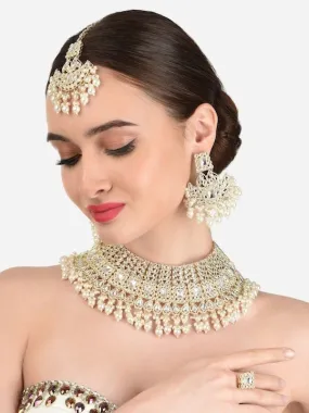 Gold Plated White Kundan Studded & Pearl Beaded Bridal Jewellery Set