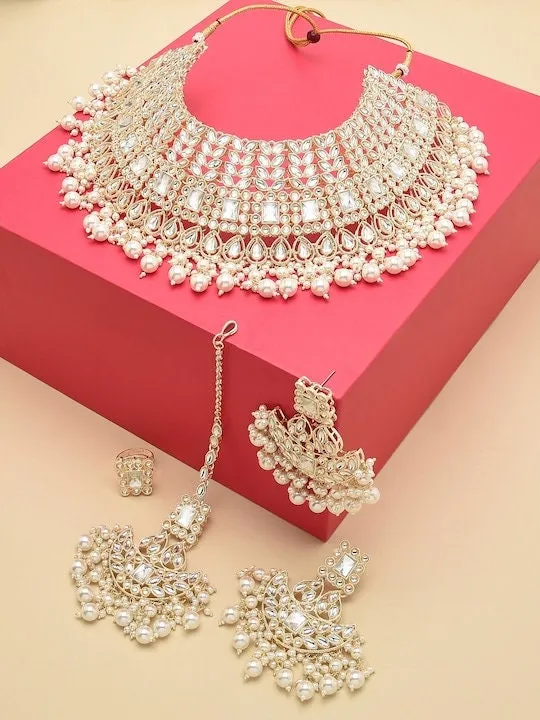 Gold Plated White Kundan Studded & Pearl Beaded Bridal Jewellery Set