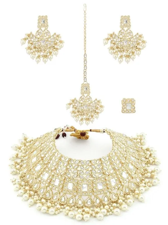 Gold Plated White Kundan Studded & Pearl Beaded Bridal Jewellery Set