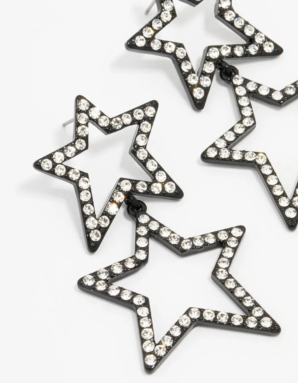 Gunmetal Diamante Double Star Drop Earrings