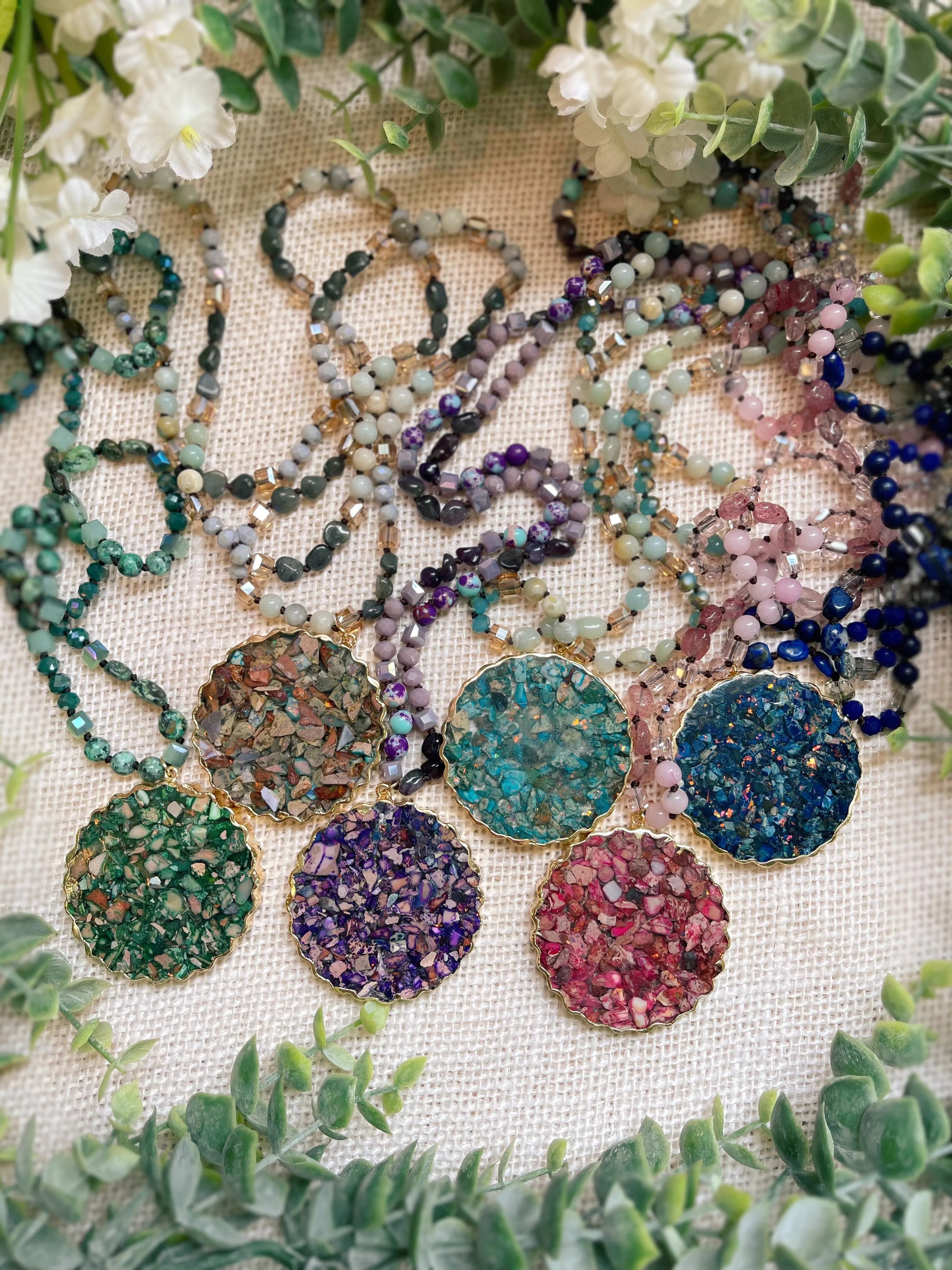 Long Beaded Semi Precious Resin Necklaces