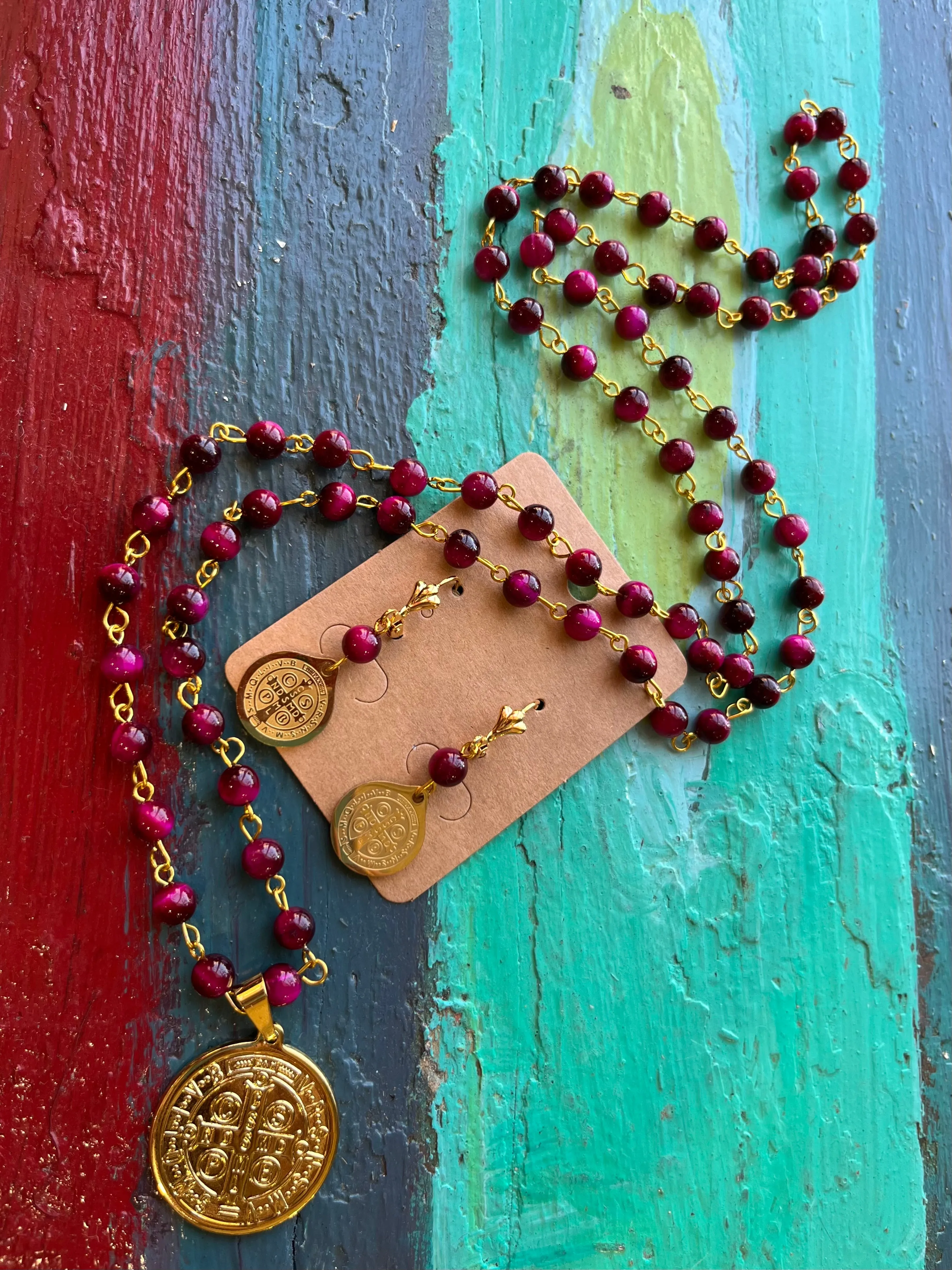 Long Tiger Eye Protection Necklace and Earrings