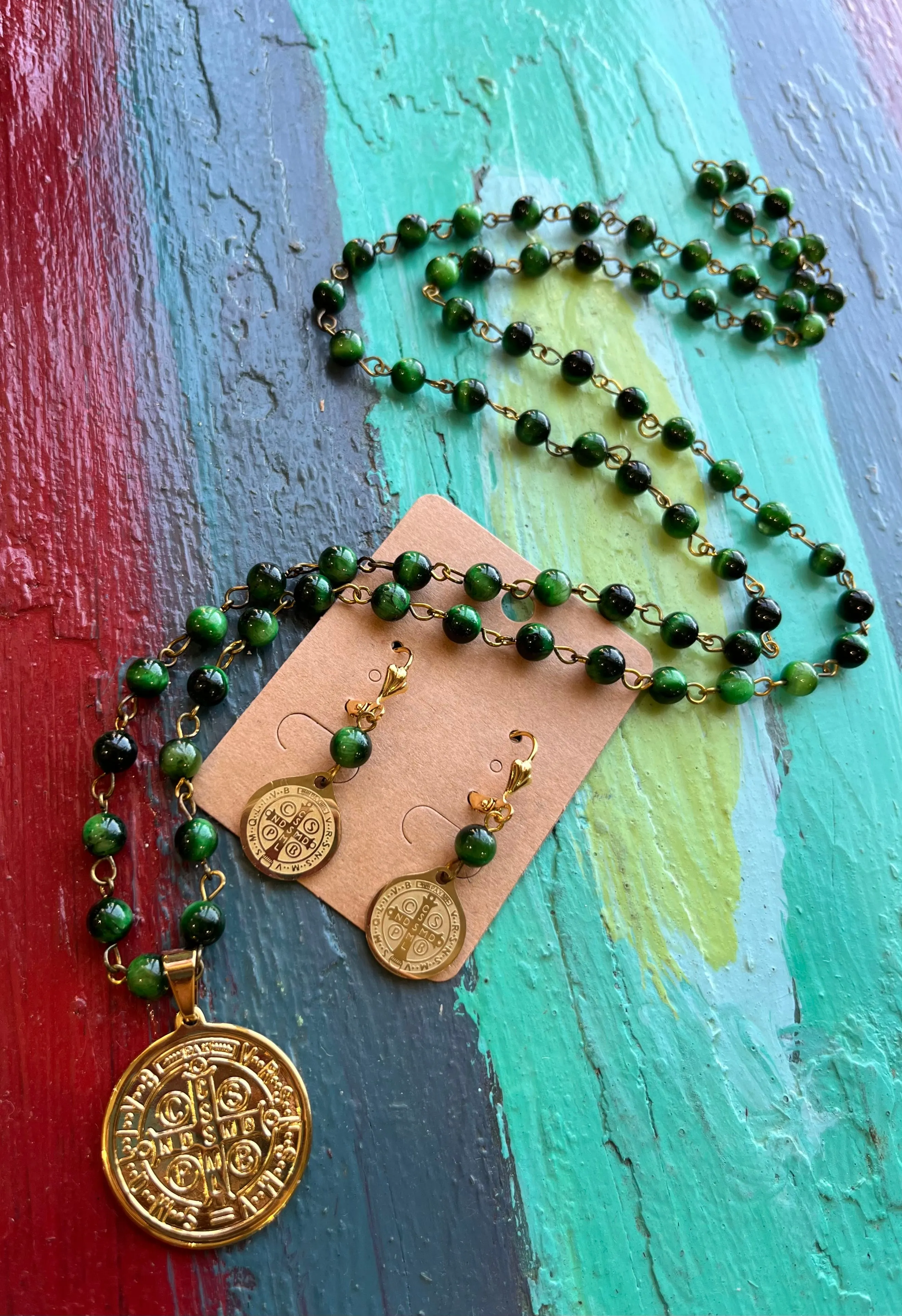 Long Tiger Eye Protection Necklace and Earrings