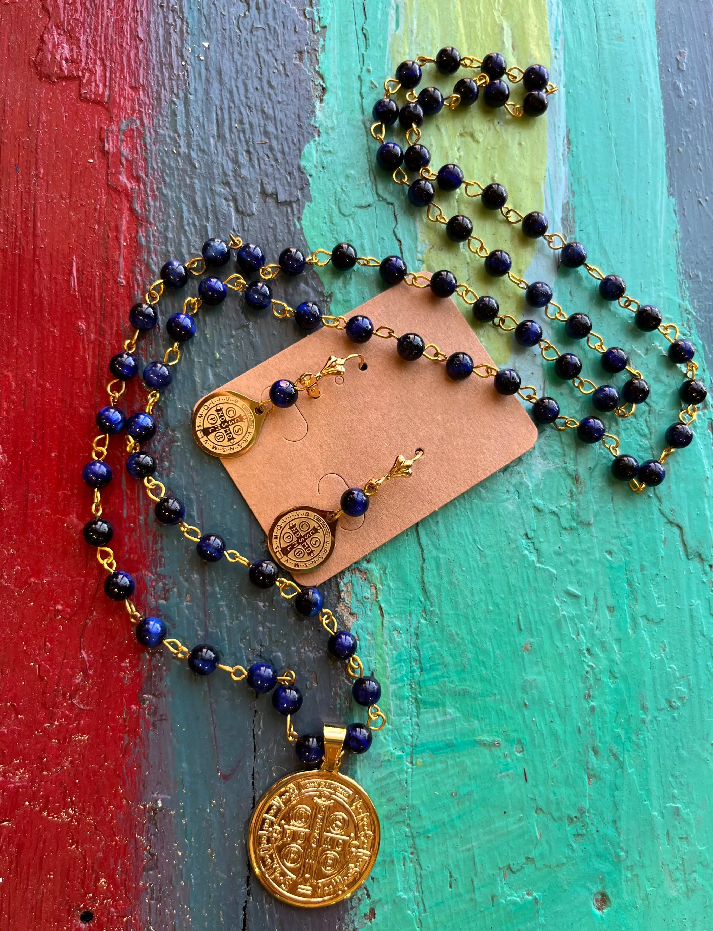 Long Tiger Eye Protection Necklace and Earrings