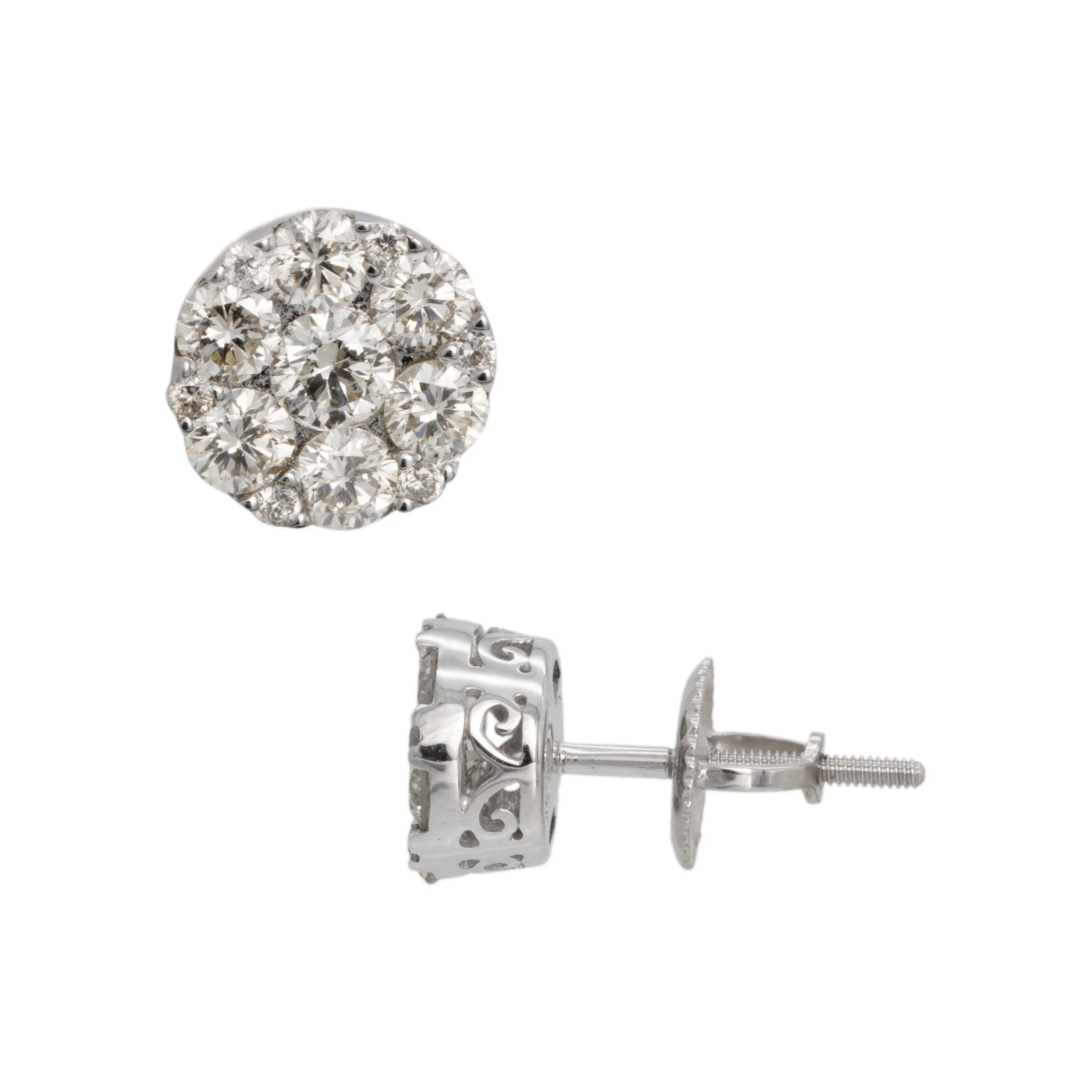 Men's Round Cluster Diamond Stud Earrings 1.15ct 14K White Gold