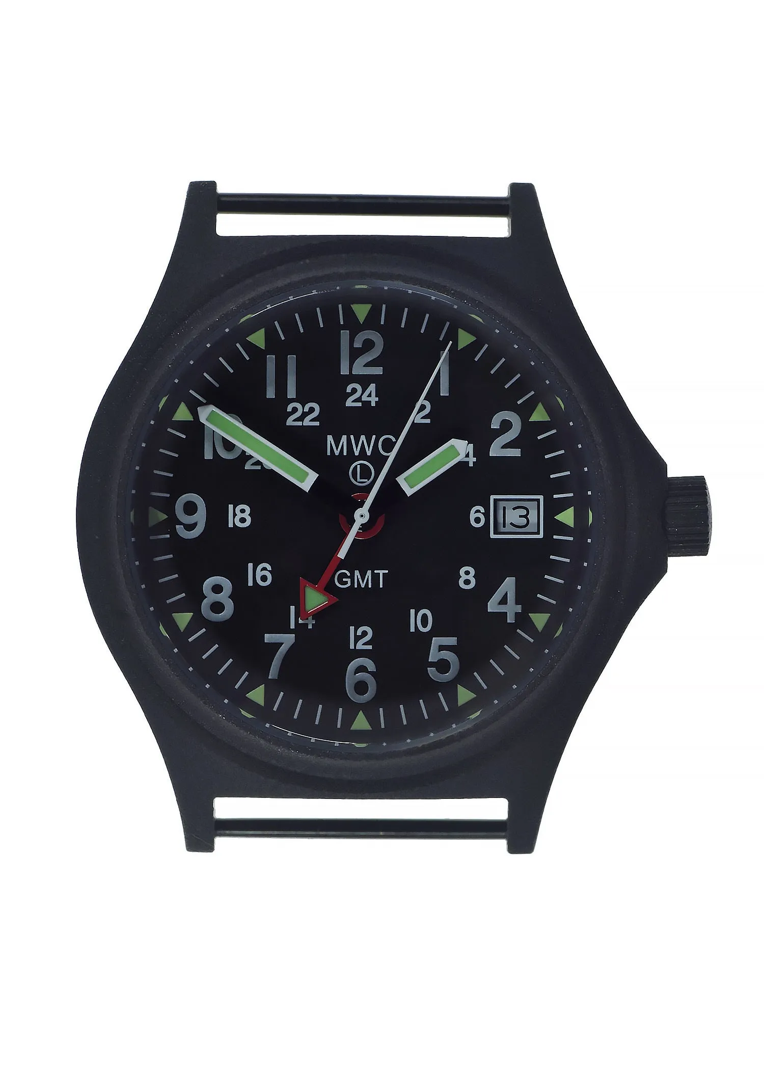 MWC GMT (Dual Time Zone) 100m Water resistant Military Watch in Black PVD Steel Case with Screw Crown