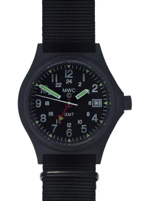 MWC GMT (Dual Time Zone) 100m Water resistant Military Watch in Black PVD Steel Case with Screw Crown