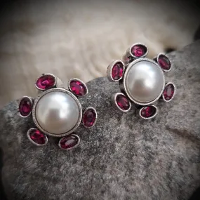 Pearl and Pink Stone Studded Floral Eartops | Stone Studded Earrings