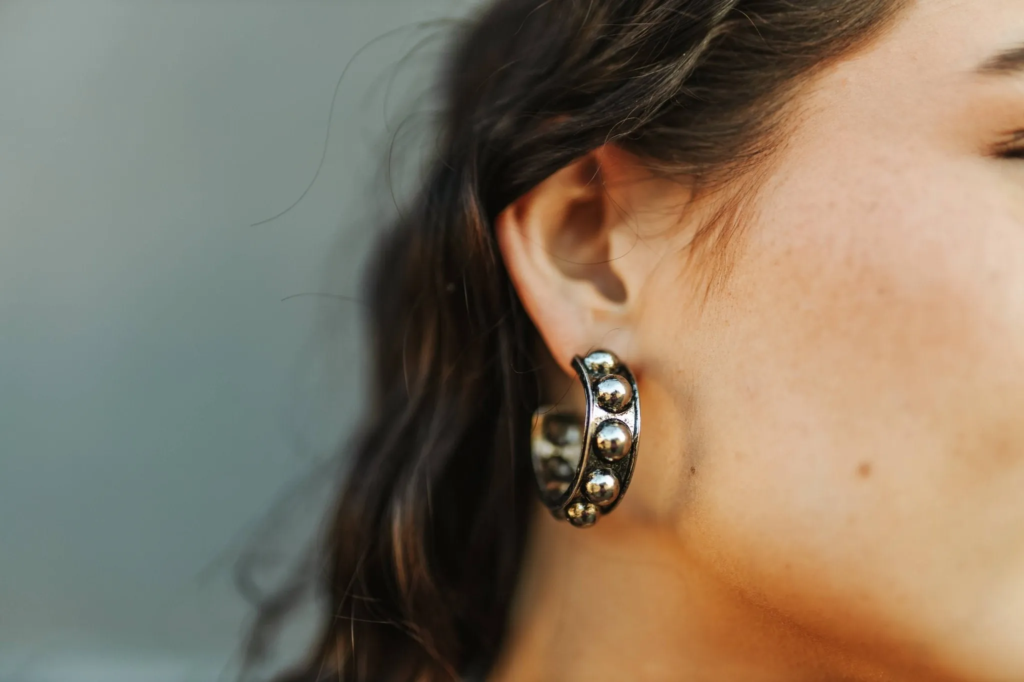 Silver Studded Open Hoop Earrings