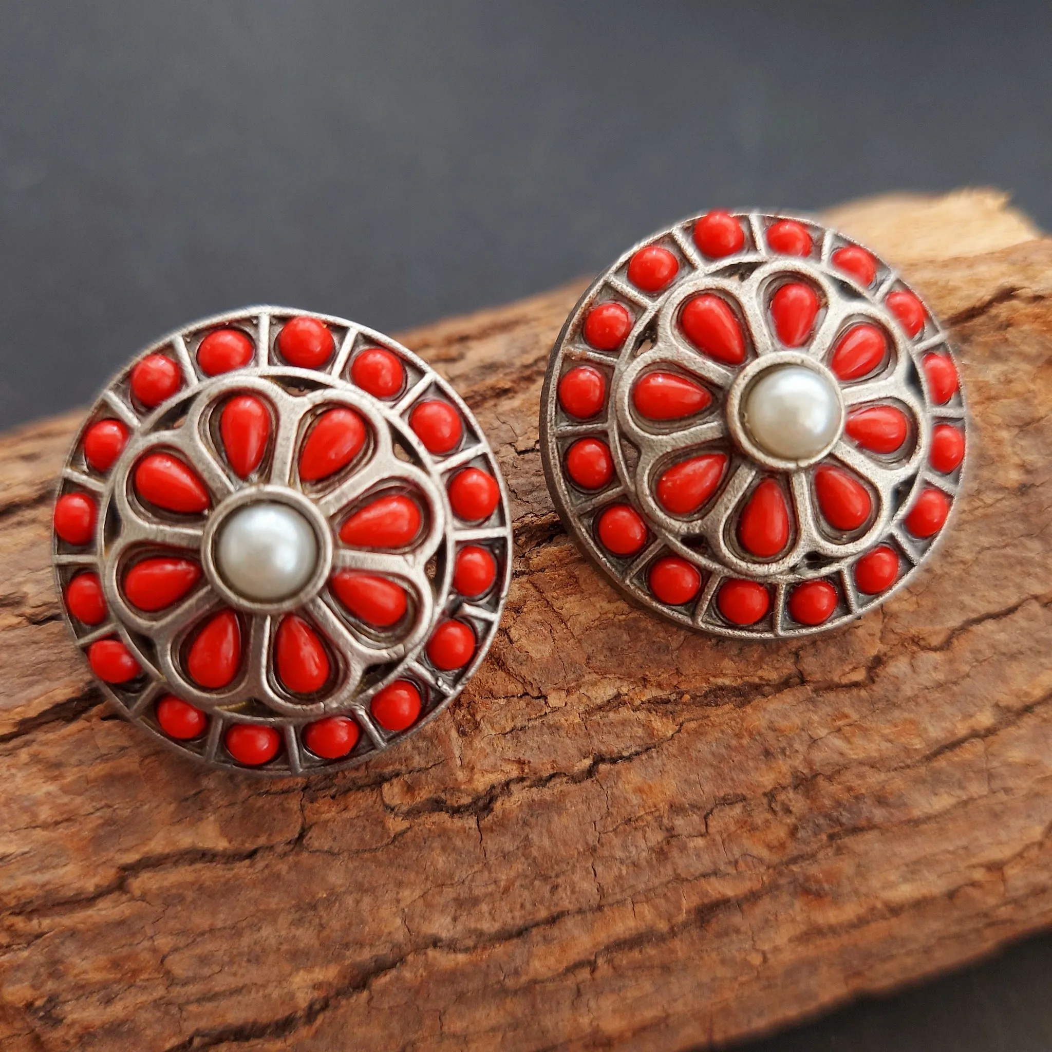 Stone Studded Silver Look alike Round Studs - Coral and Pearl