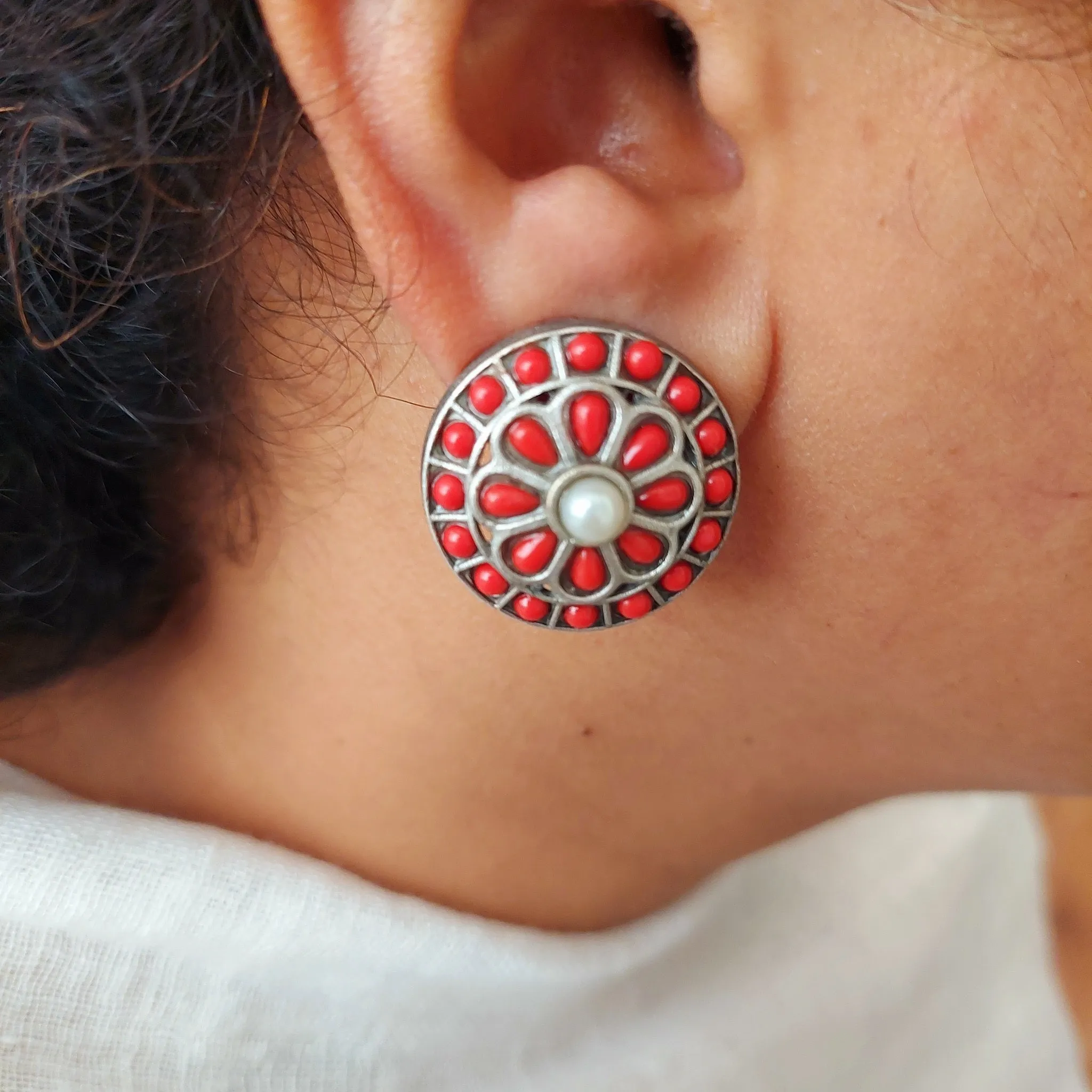 Stone Studded Silver Look alike Round Studs - Coral and Pearl