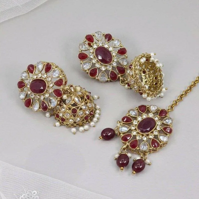 Sumbul Antique Gold Jhumki Tikka Set Maroon