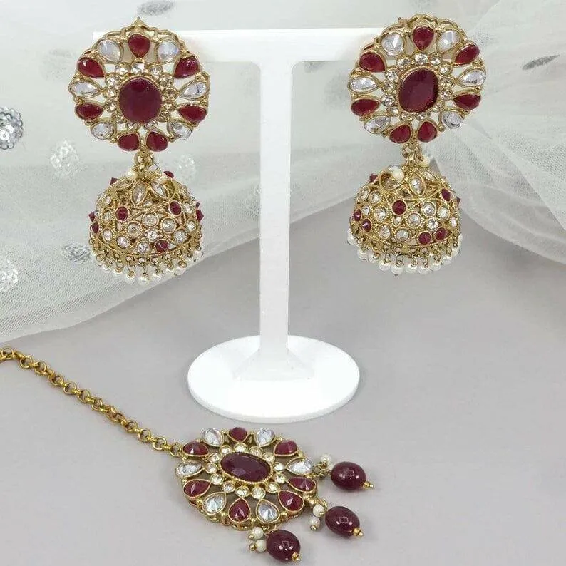 Sumbul Antique Gold Jhumki Tikka Set Maroon