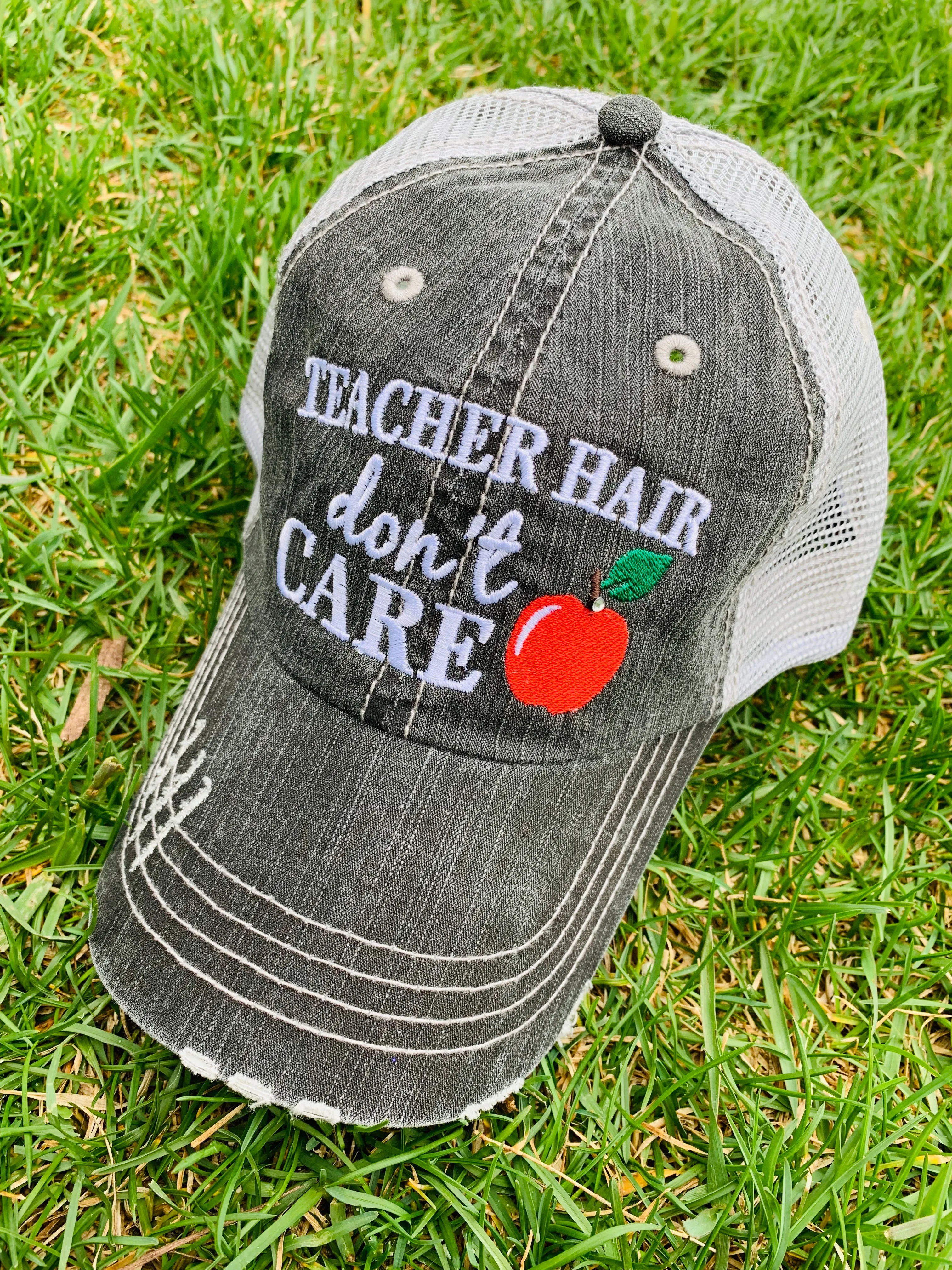 Teacher hats Teacher hair dont care Embroidered unisex gray distressed trucker cap Apple Teach Inspire Accessories Teacher gifts Back to school.