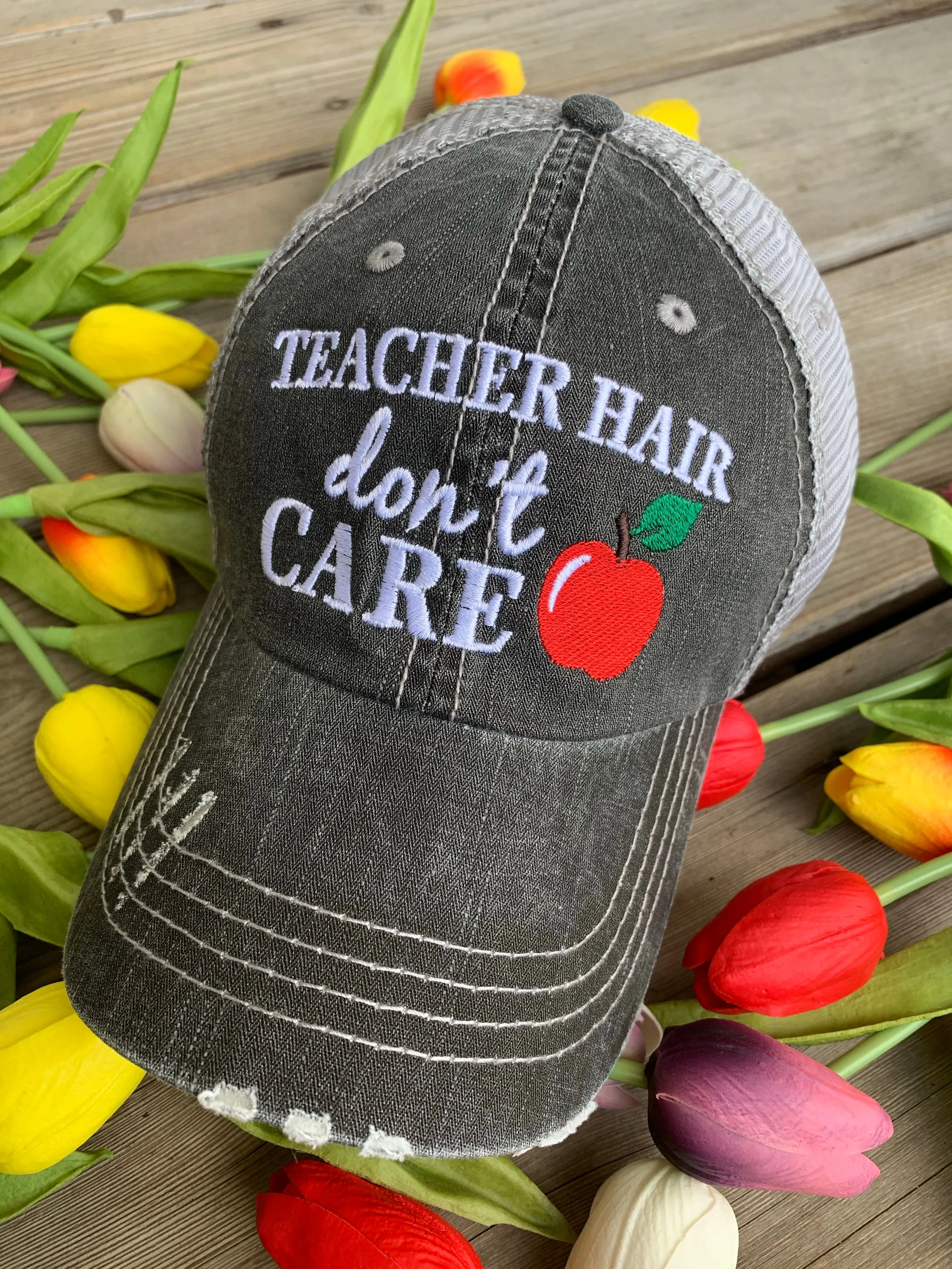 Teacher hats Teacher hair dont care Embroidered unisex gray distressed trucker cap Apple Teach Inspire Accessories Teacher gifts Back to school.