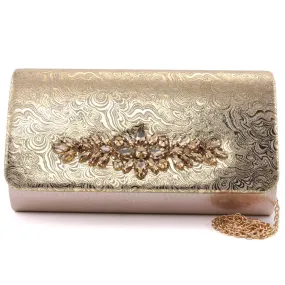 Women “BRENDA” Printed Shimmer Surface Sparkle Brooch Adorned Formal Clutch