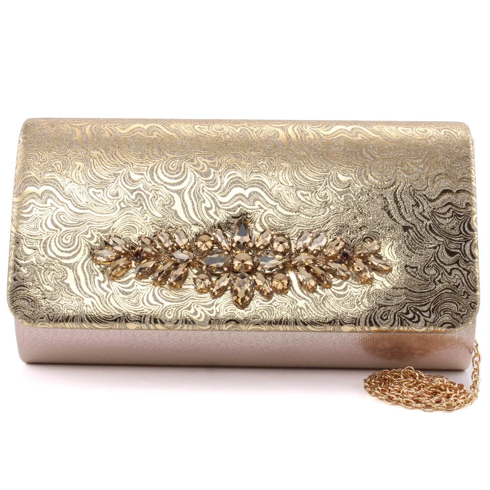 Women “BRENDA” Printed Shimmer Surface Sparkle Brooch Adorned Formal Clutch